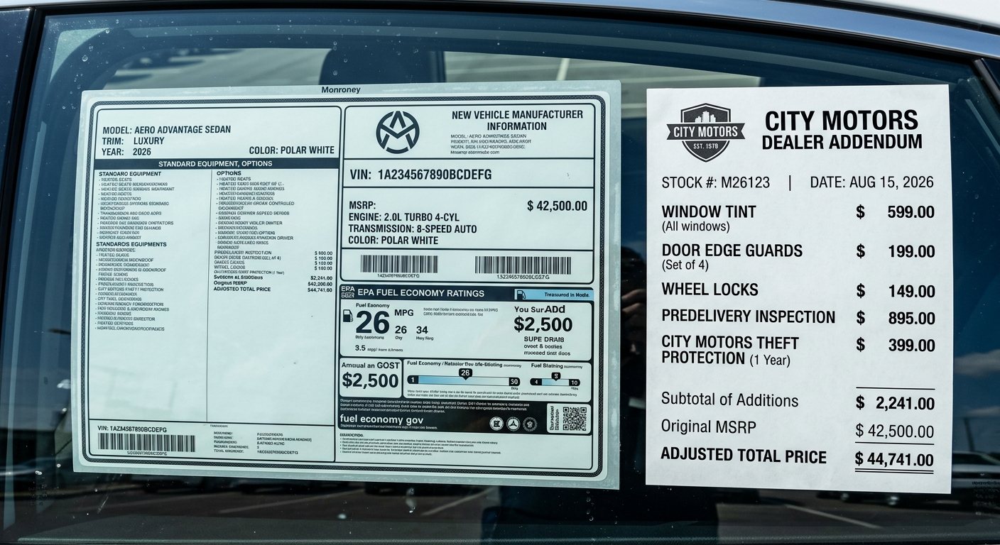 Vehicle window sticker and a dealer addendum sticker side by side on new car glass