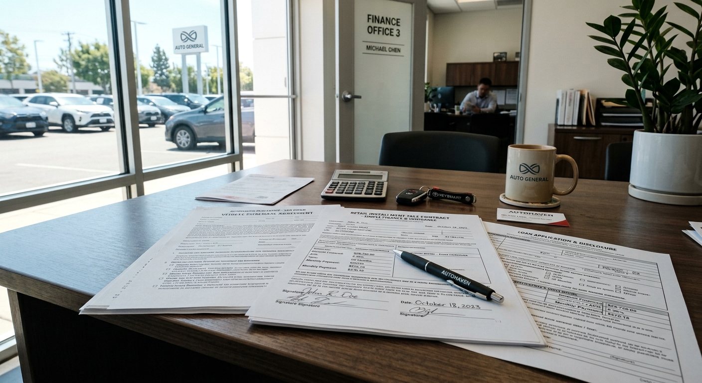 Finance office desk with loan documents and a pen under warm lamp light