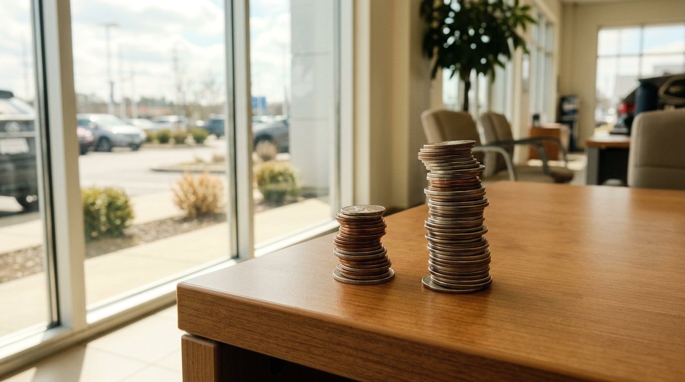 Two uneven stacks of coins on a wooden desk in a sunlit dealership showroom