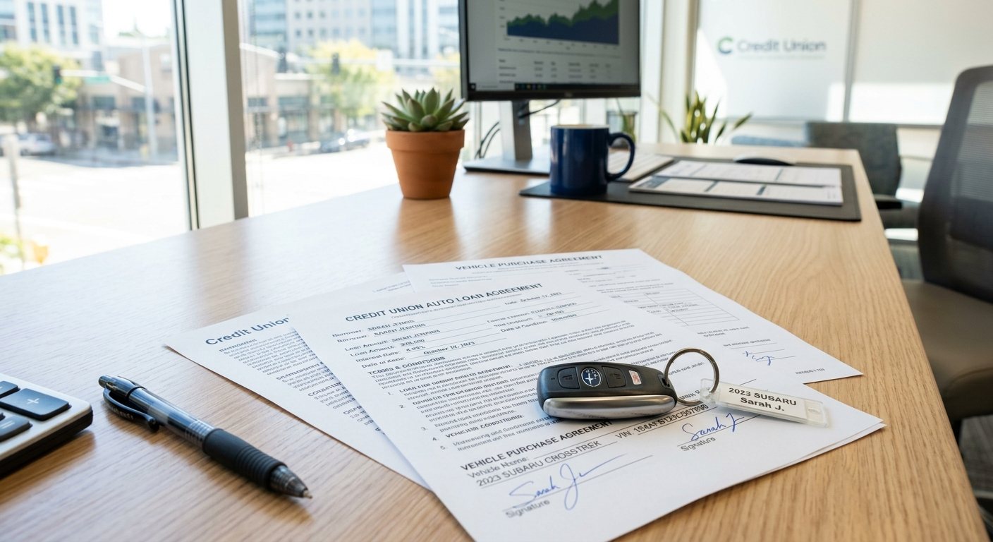 Credit union loan paperwork and a car key on a desk in daylight