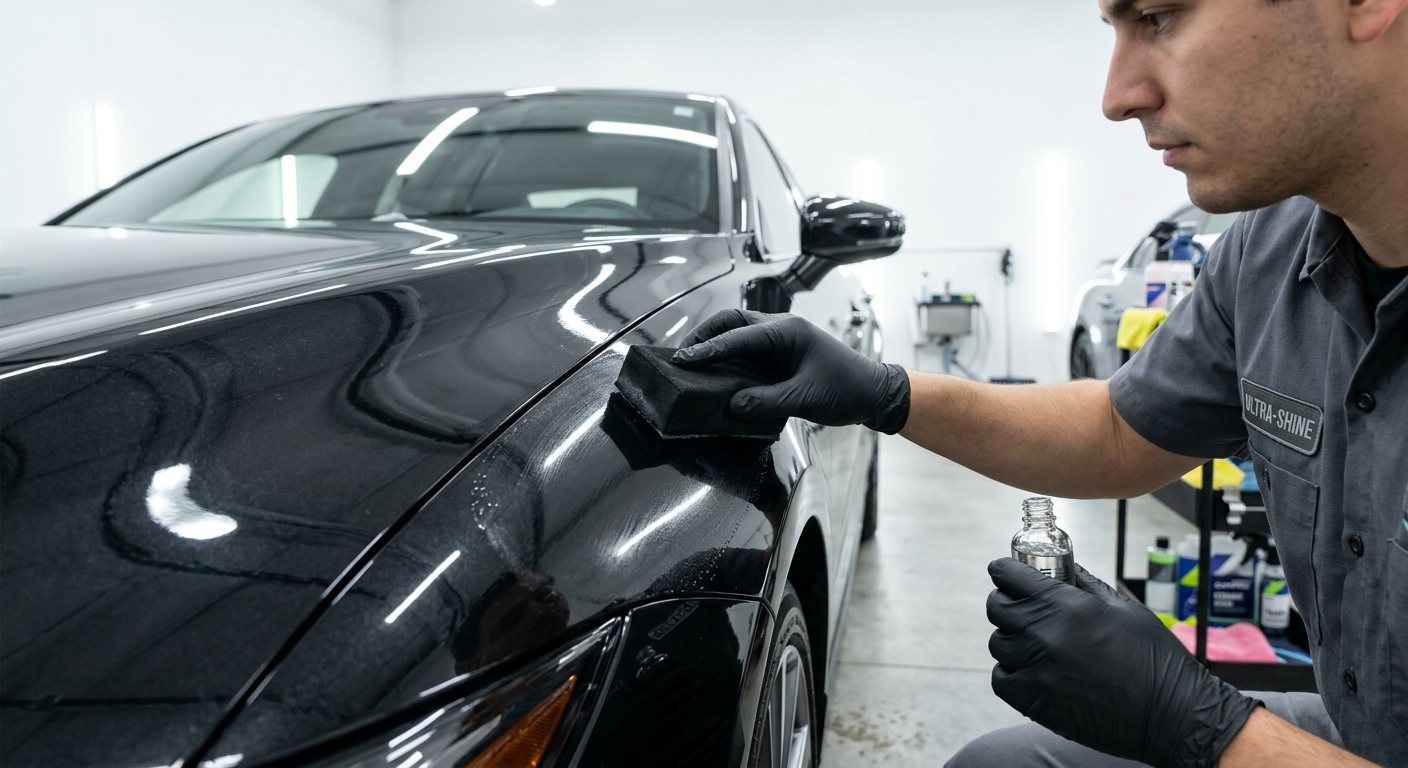 Detail shot of a new vehicle exterior with a protective coating being applied