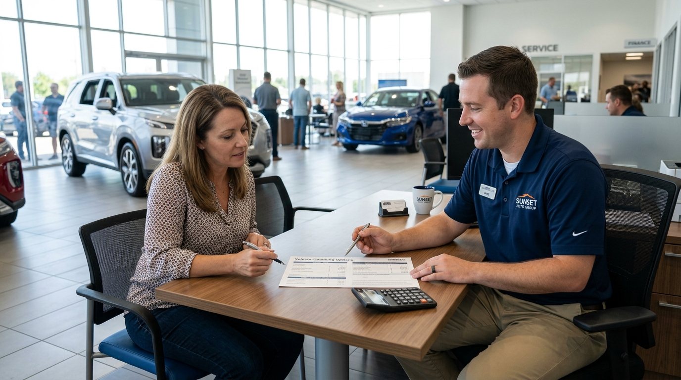 Dealership desk with a printed worksheet and pen under warm light