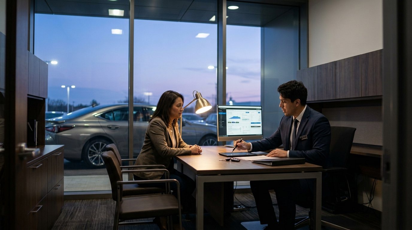 Close up of paperwork being signed at a dealership finance desk
