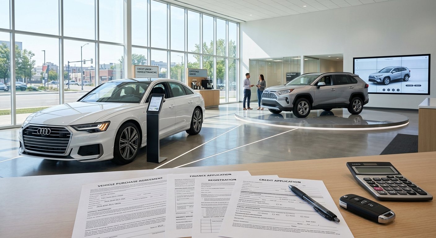 New vehicle parked in a showroom with paperwork on a desk in the foreground