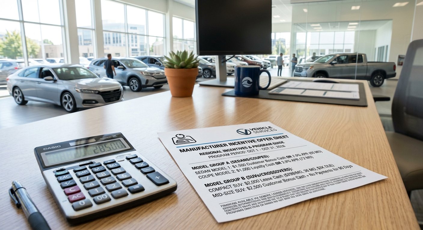 Manufacturer incentive offer sheet and a calculator on a dealership desk