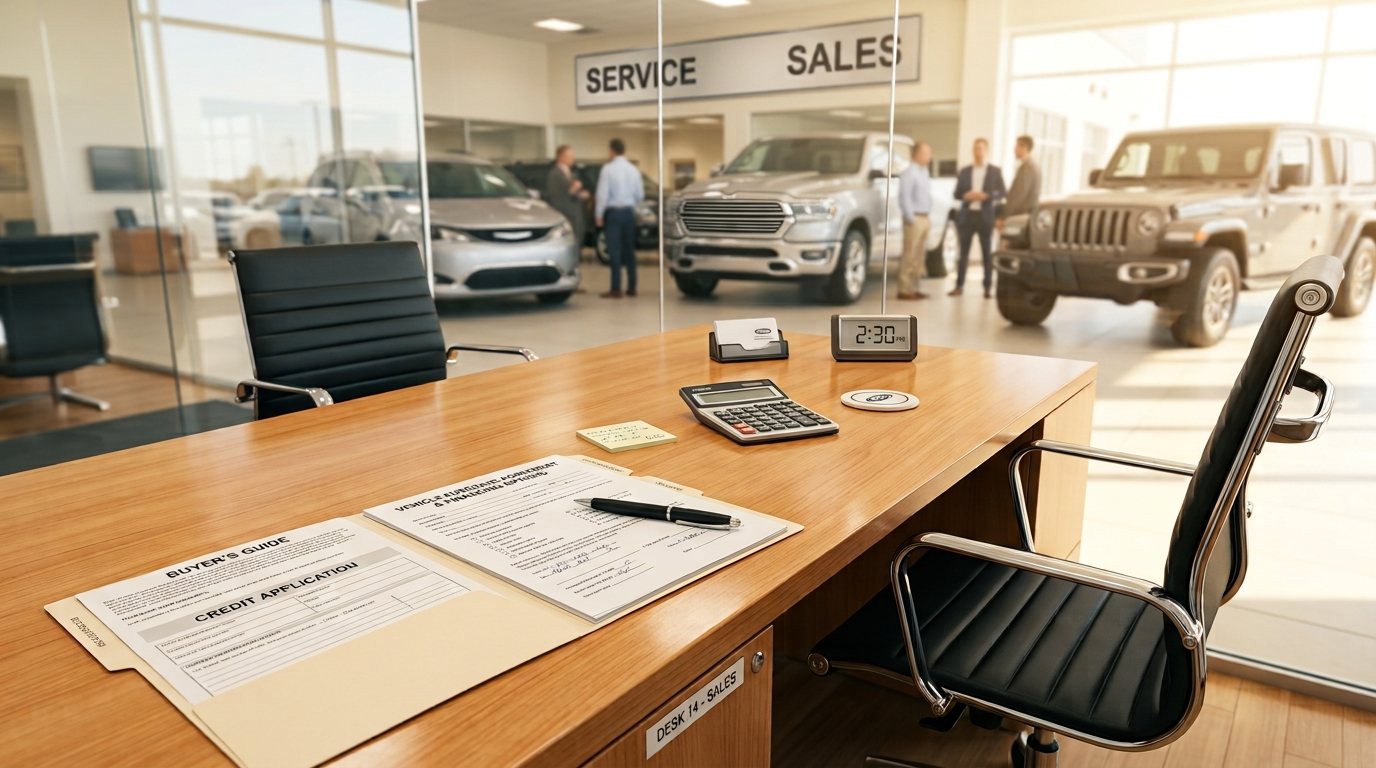 Empty chair at a dealership sales desk with paperwork left waiting
