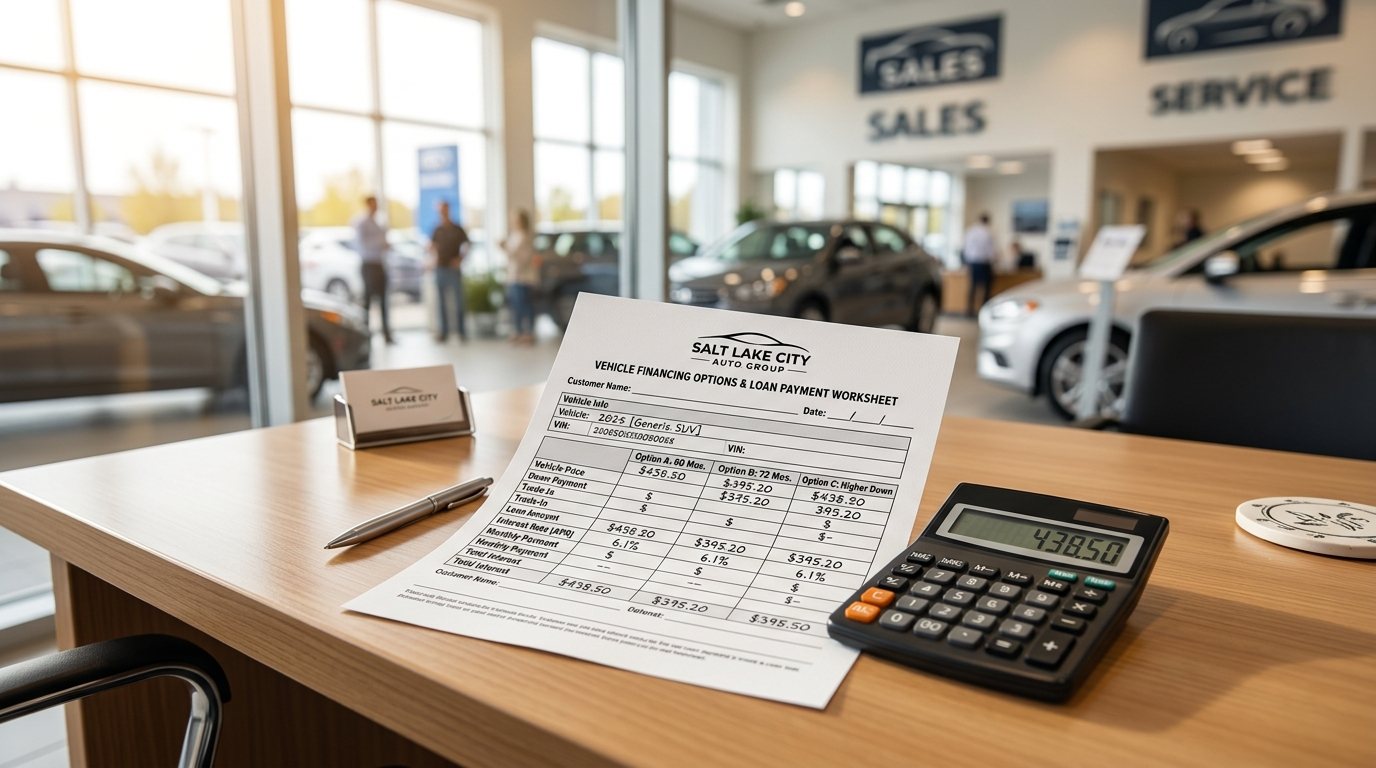 Salesperson and buyer reviewing figures across a desk