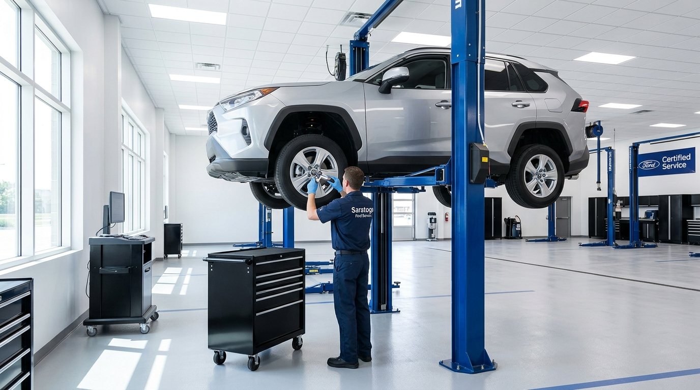 Service bay with a vehicle raised on a lift under bright shop lighting