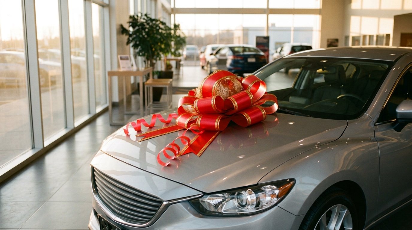 New silver sedan with a large red bow on the hood inside a bright dealership showroom