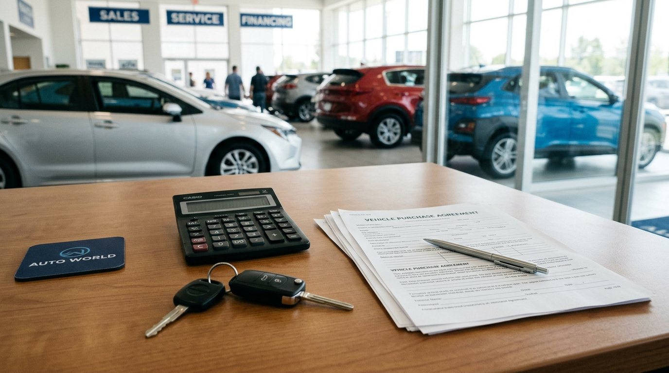 Calculator and vehicle paperwork on a desk beside car keys